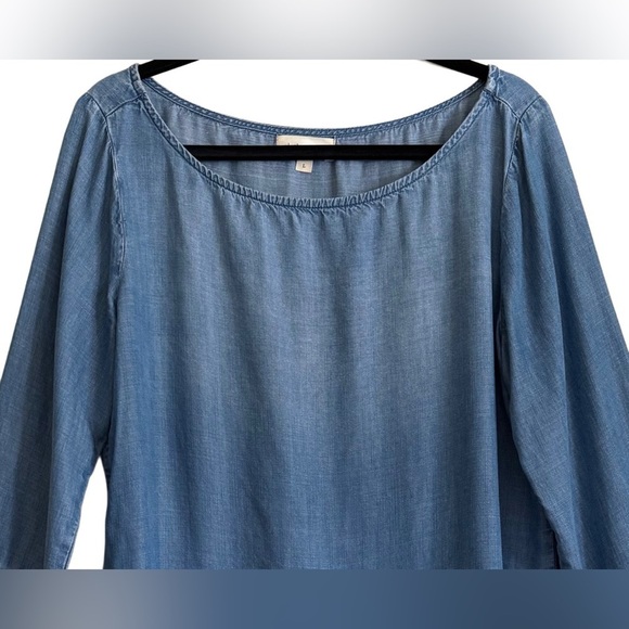CLOTH & STONE 100% Tencel Lightweight Denim Flounce Sleeve Frayed Hem Top Size L - Picture 2 of 8